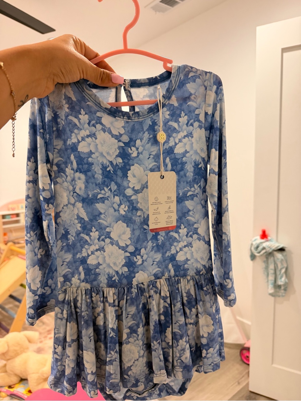 Girls Floral Blue Long-Sleeve Peplum Dress